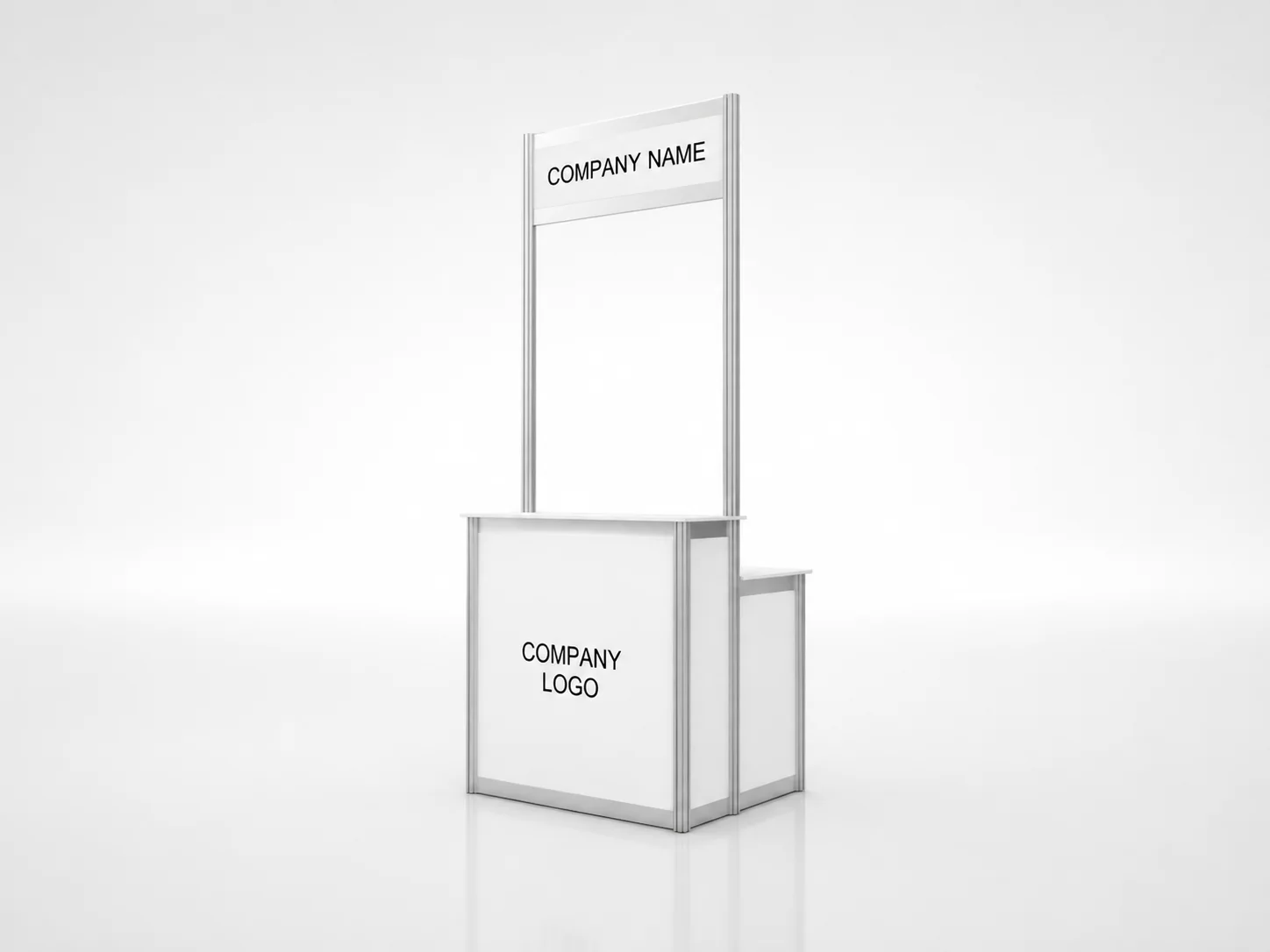 POD exhibition booth mockup with fascia and furniture